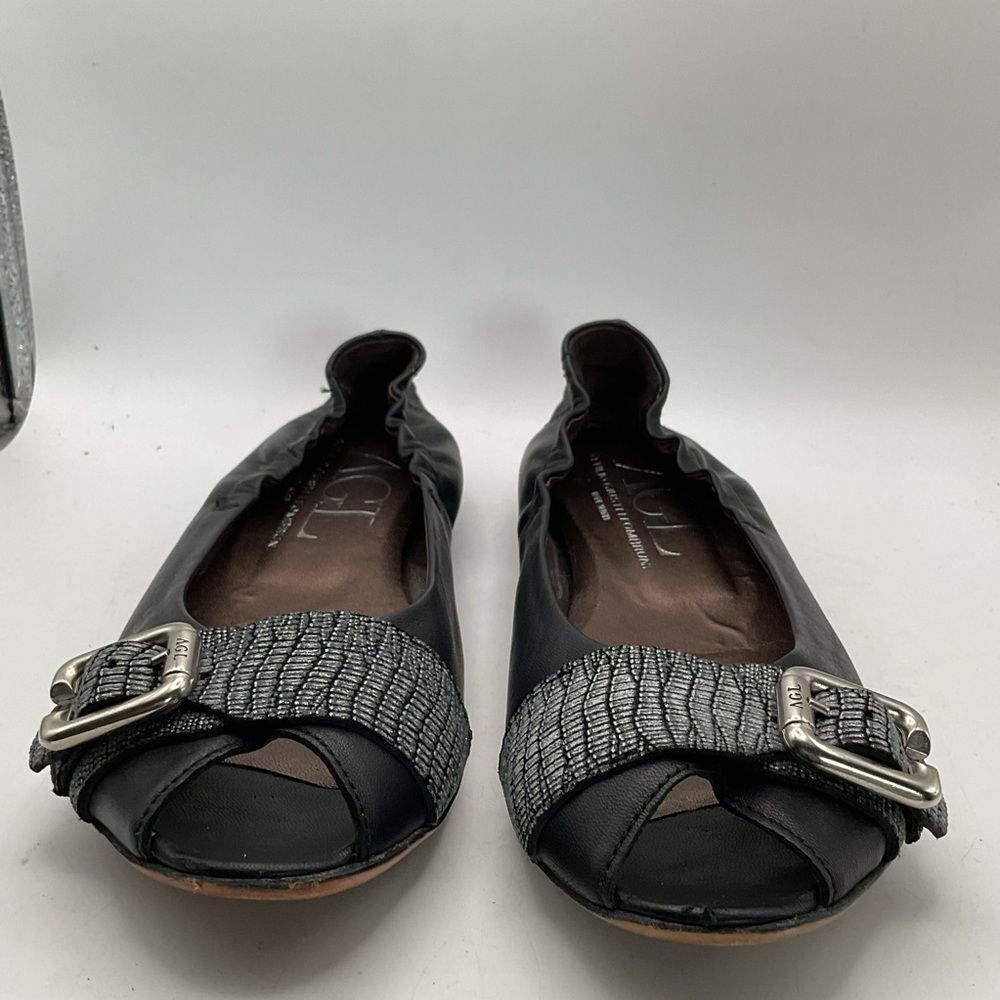 AGL ladies ballet flats shoes 38 1/2 us 8 1/2 black silver peep toe leather chic - Picture 3 of 13
